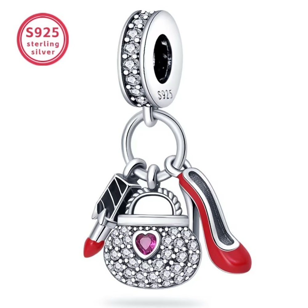 Pandora 925 Sterling Silver Charm Pendant with Red and Pink Accents